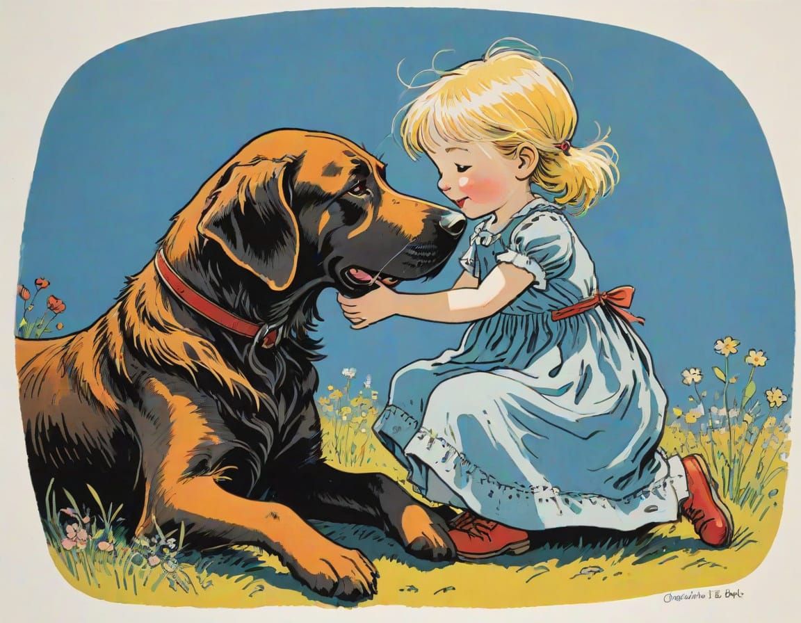 Whimsical Linocut of Little Girl and Loyal Dog