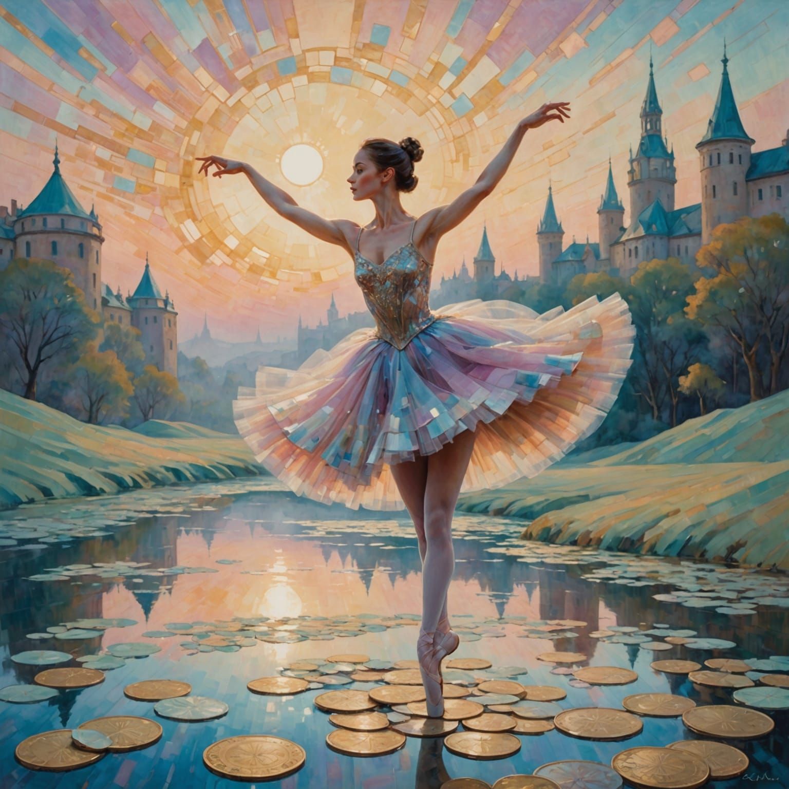 Ballerina Pirouettes on Shimmering Coin Landscape in Impress...