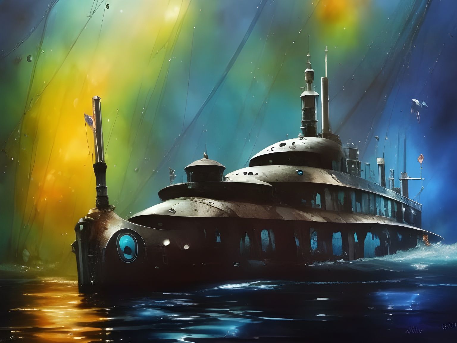 Retro German Submarine in Deep Sea: Watercolor Concept Art