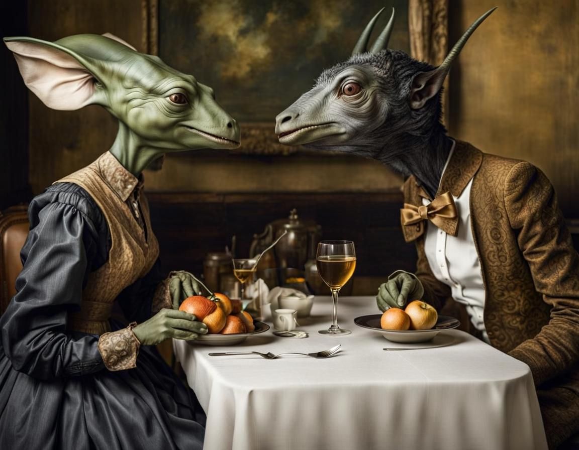 Surreal Restaurant Scene with Beautiful Aliens in Profession...