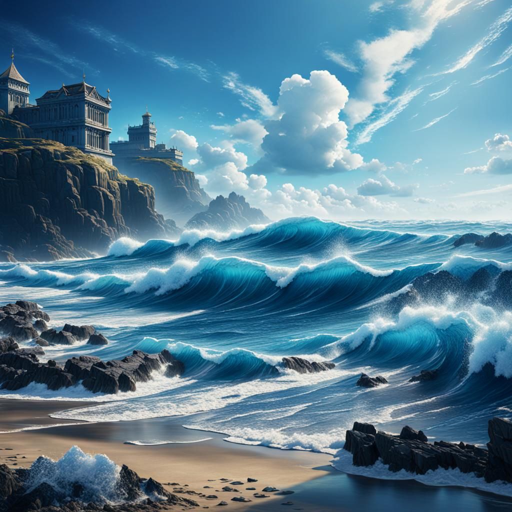 Blue Sky Ocean Waves: Detailed Matte Painting