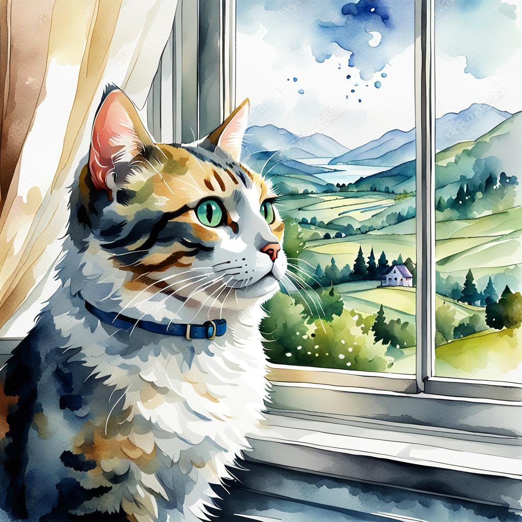 Cute Cat Gazing at Landscape: Digital Watercolor