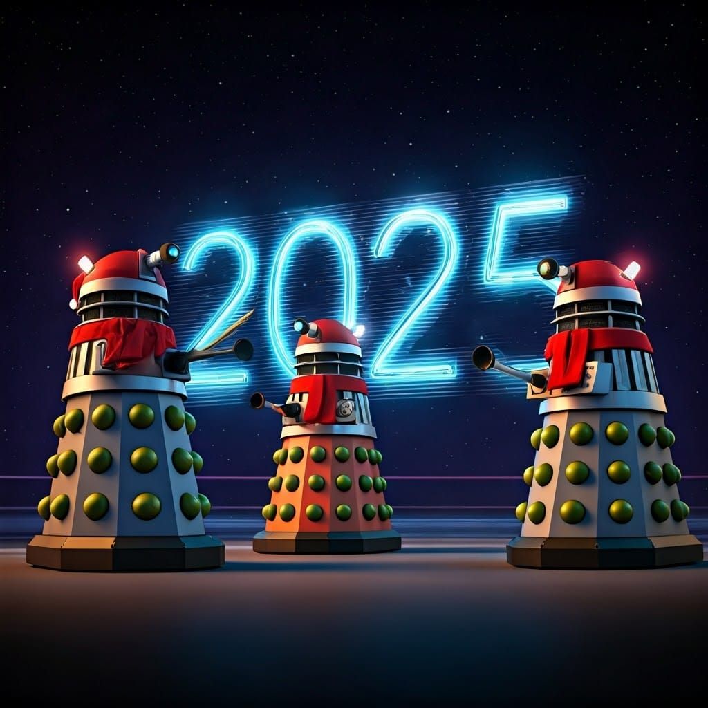 Retro-Futuristic Holiday Daleks Surrounding a Neon-Lit Count...