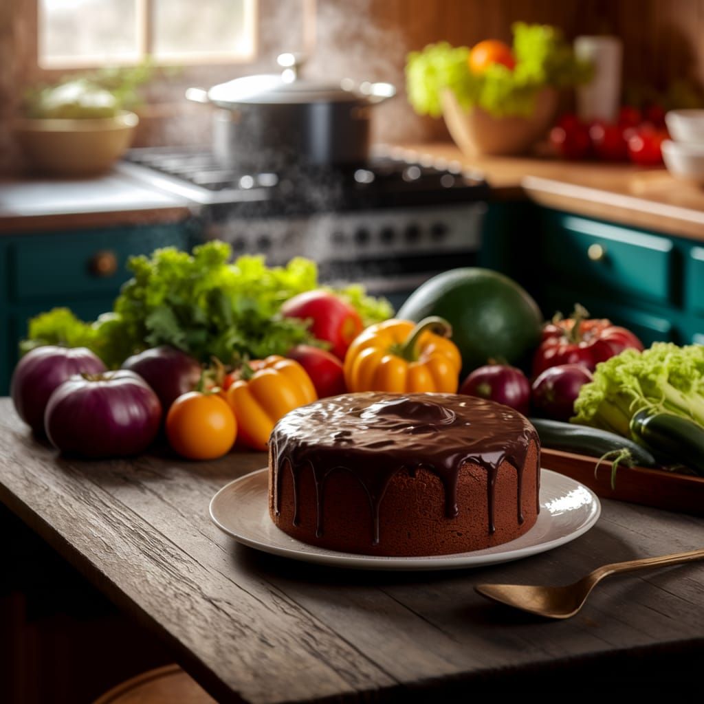 Warm Kitchen Scene with Colorful Produce and Homemade Chocol...