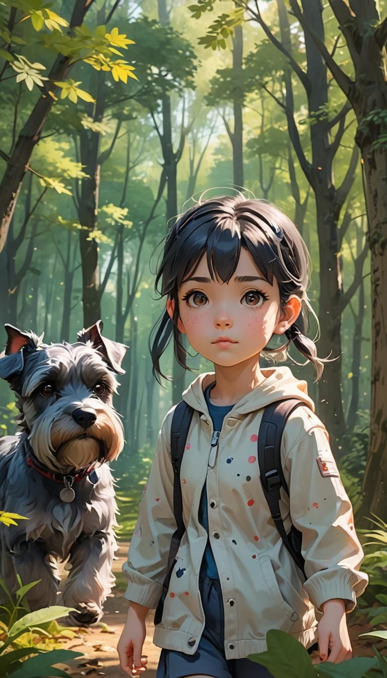 Baby Girl and Schnauzer in Anime Art Style