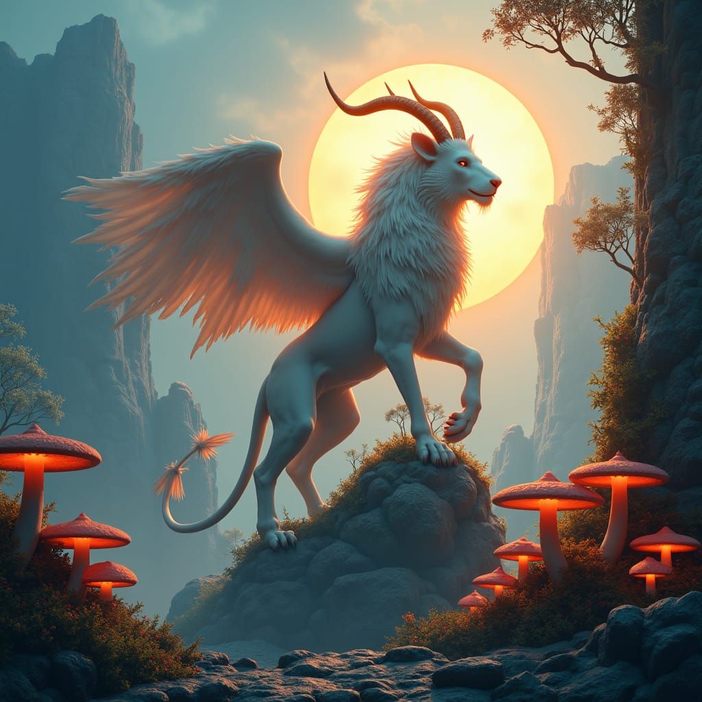 Mythical Chimera on Ancient Ruins in Fantasy Art