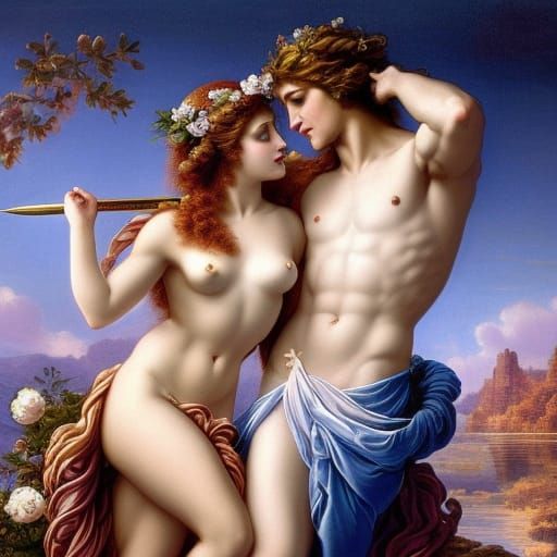 Adonis and Aphrodite Embrace in Rococo Style