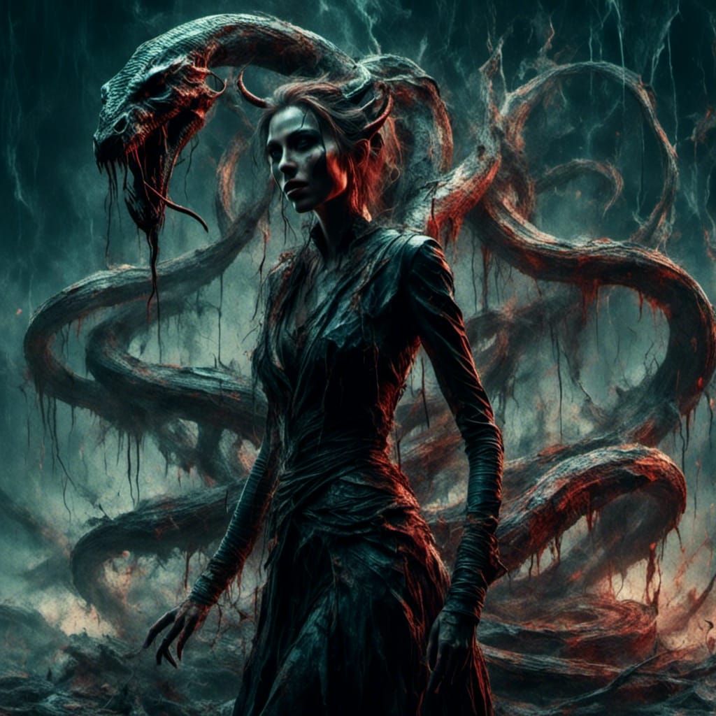 Tiefling with Snake in Retrowave Fantasy Art