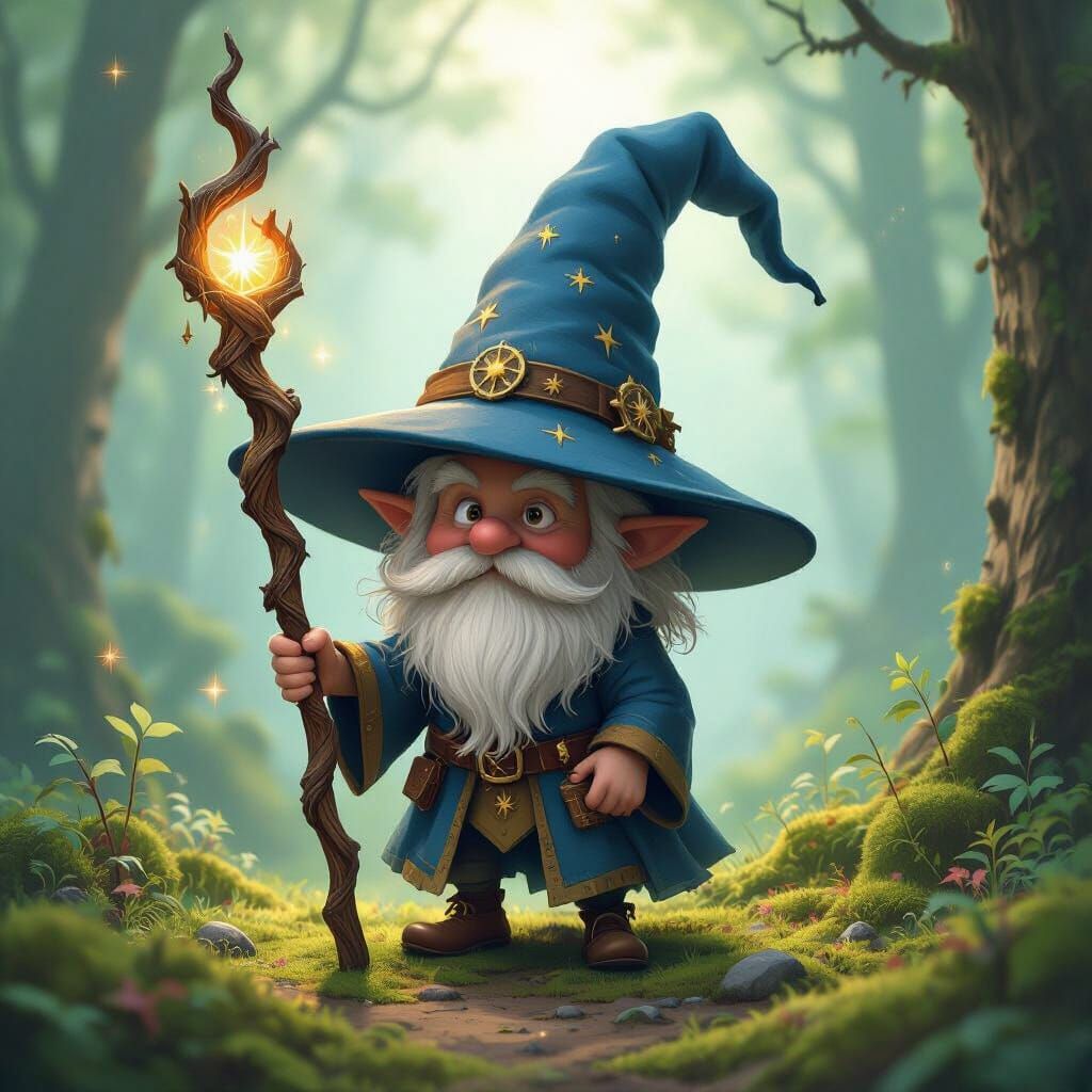 Little Wizard with Celestial Hat in Enchanted Forest