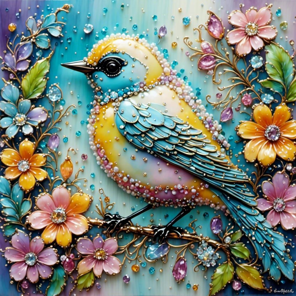Chubby Bird in Encaustic with Pastel Colors