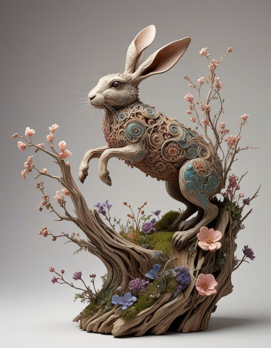 A Leaping Hare Totem in Vibrant Driftwood
