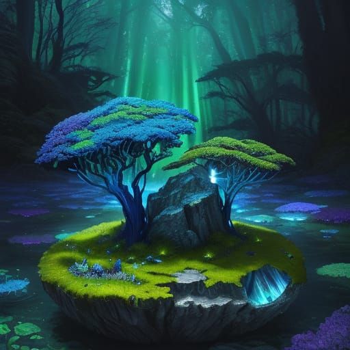 Gemstone on Mossy Rock in Vibrant Oil Painting