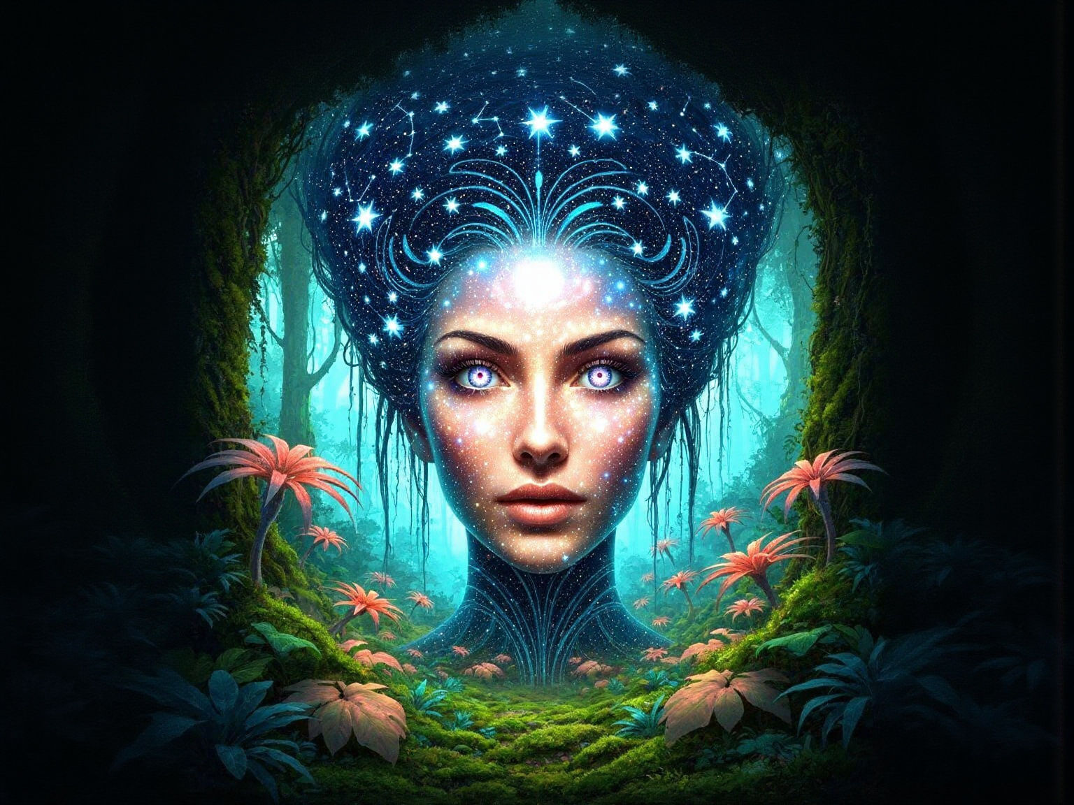 Starlight Woman with Galaxy Eyes in Glowing Forest