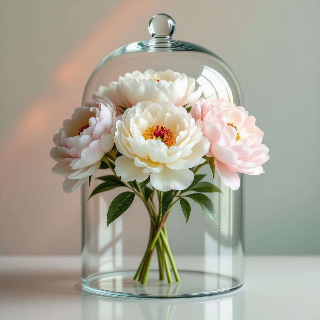 Peonies in Glass Cloche: Elegant Studio Shot