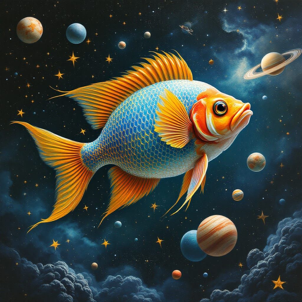 Colorful Fish Swimming in Space with Planets
