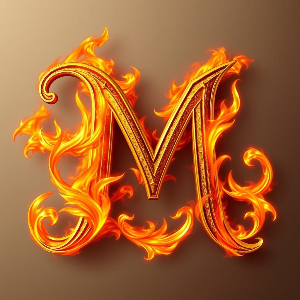 Majestic Golden Letter M Ablaze with Fierce Flames