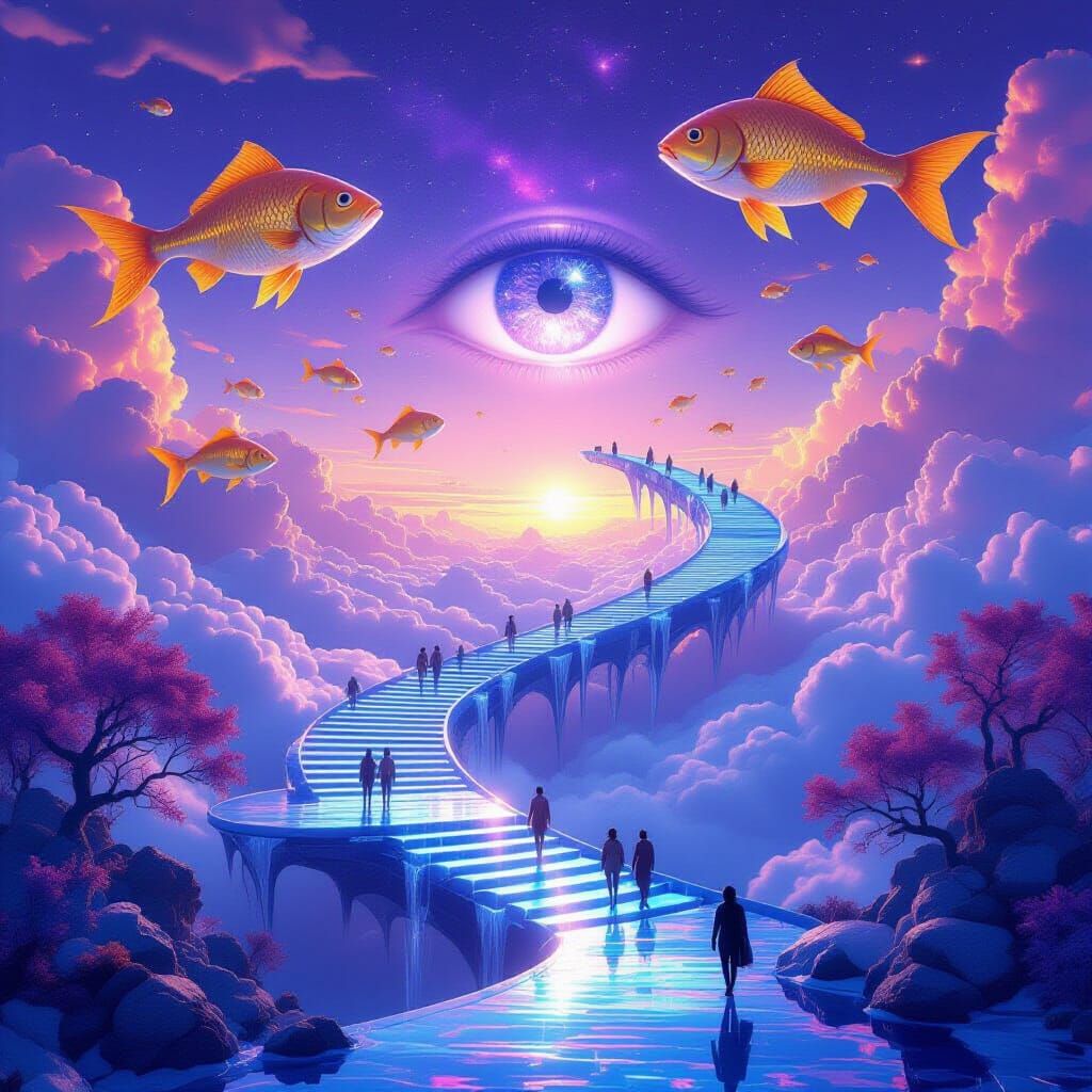 Surreal Floating Desert Dreamscape with Golden Fish