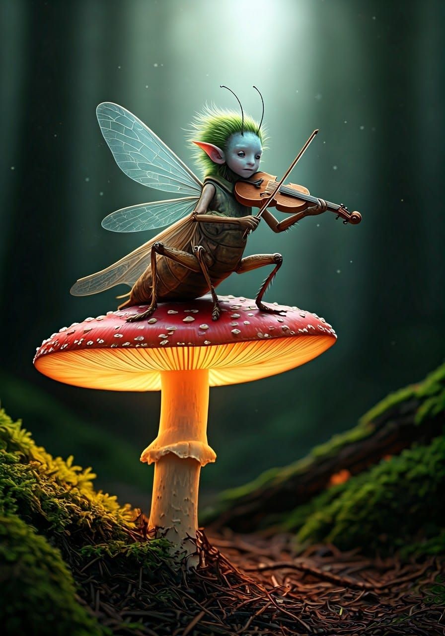 Fairy Cricket Plays Fiddle on Mushroom, Faerie Realism