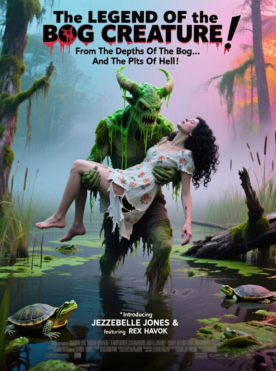 Bog Creature Movie Poster with Swamp Monster and Woman
