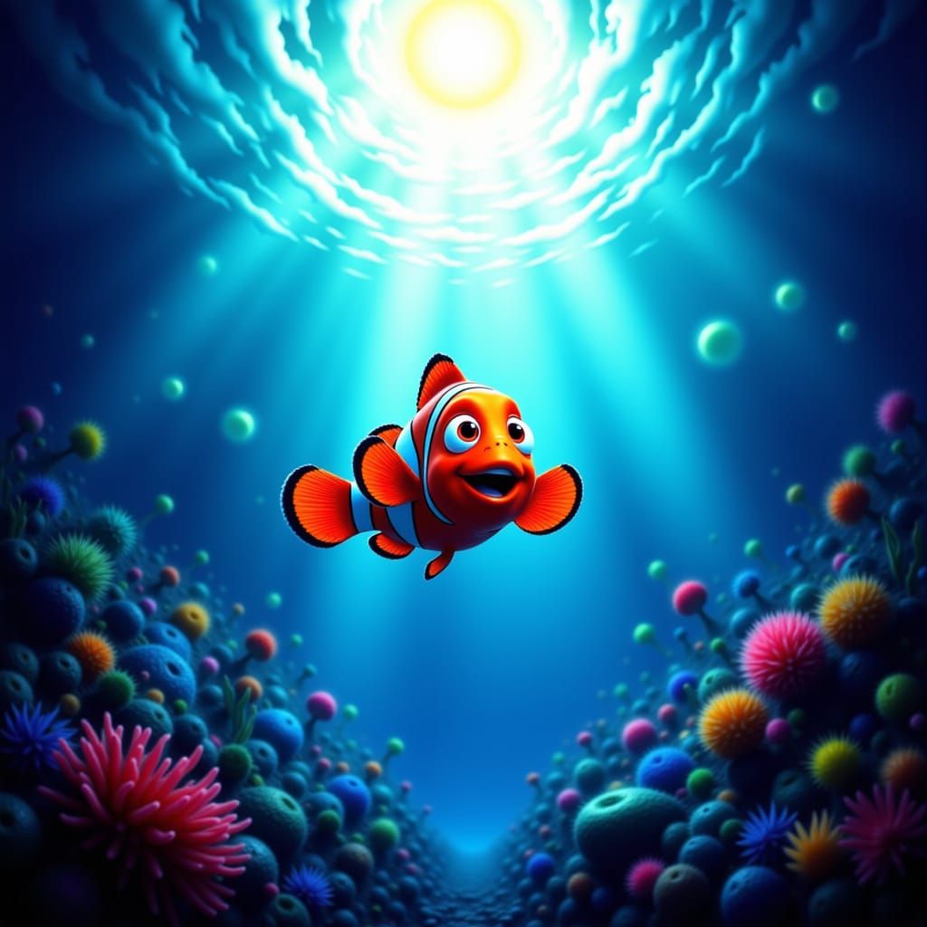 Nemo the Clownfish Swims Towards Hopeful Light