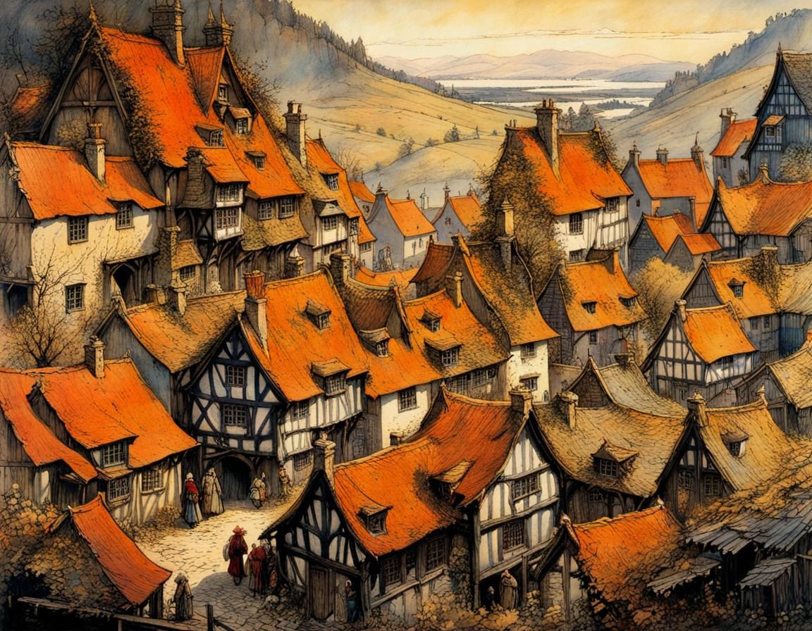 Medieval Scottish Village in Deep, Mysterious Colors