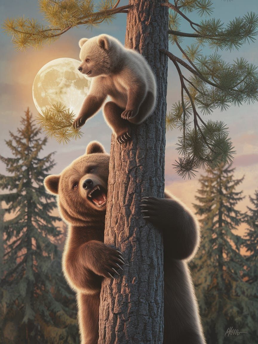 Baby Bear Cub Reaching for Moon, Double Exposure Art