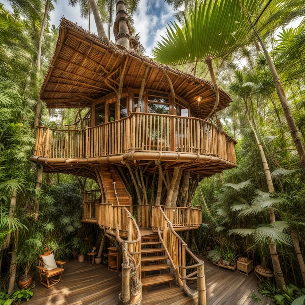 Tropical Bamboo Treehouse with Modern Art