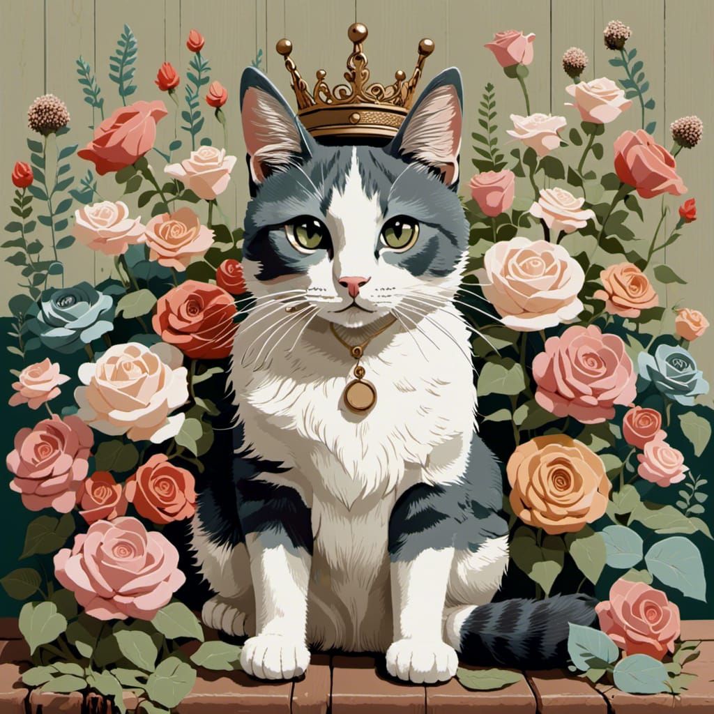 Regal Cat with Rose Crown in Folk Art Style