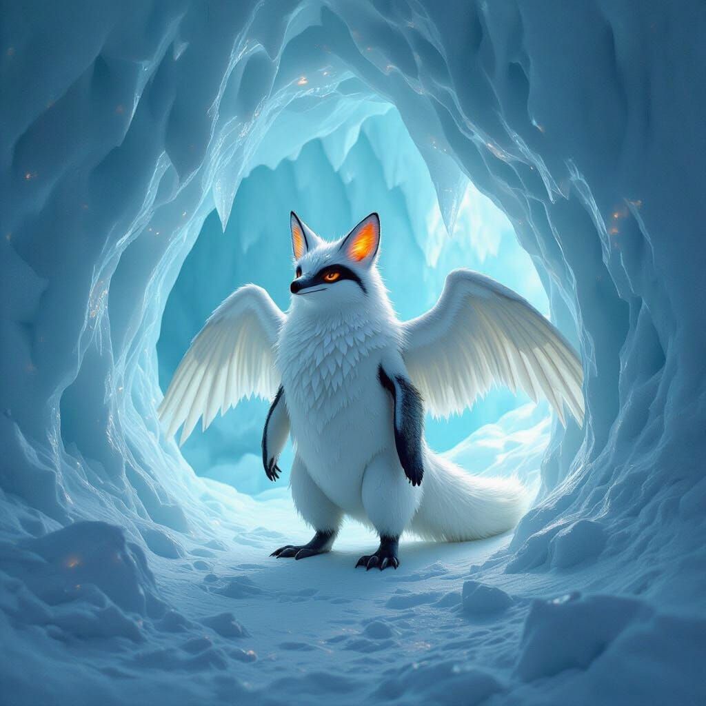 Fantastical Penguin-Fox-Dragon Creature in Icy Den
