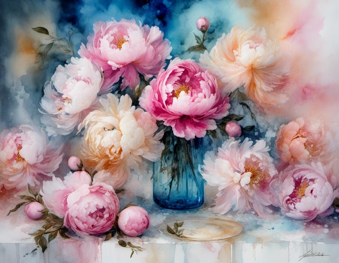 Colorful Peonies in Exploded Crystal Vase