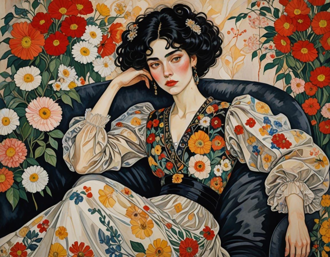 Gustav Klimt-Inspired Woman in Opulent Setting