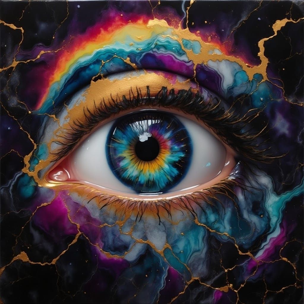 Luminescent Rainbow Eye in Black and Gold Marble