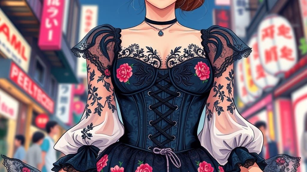 Kawaii Jacquard flowered corset bodice gothic lace skirt and blouse perfect feminine youthful Shibuya fashion