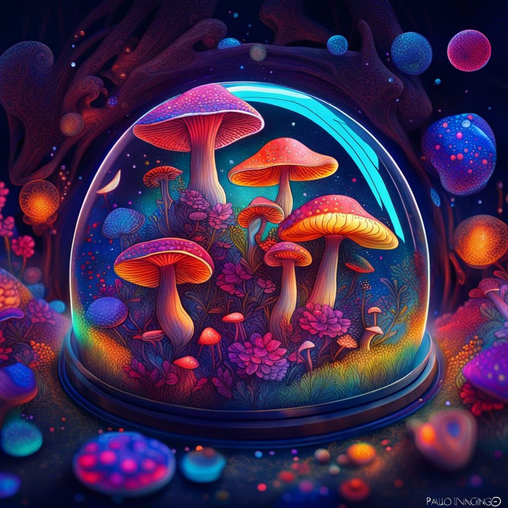 Magical Mushrooms in Glass Dome: Astral Illustration