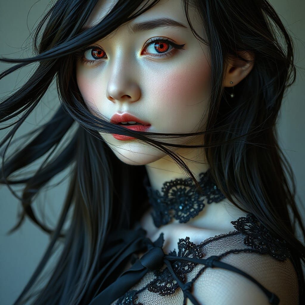 Pale Gothic Girl with Flowing Hair: Realistic Portrait