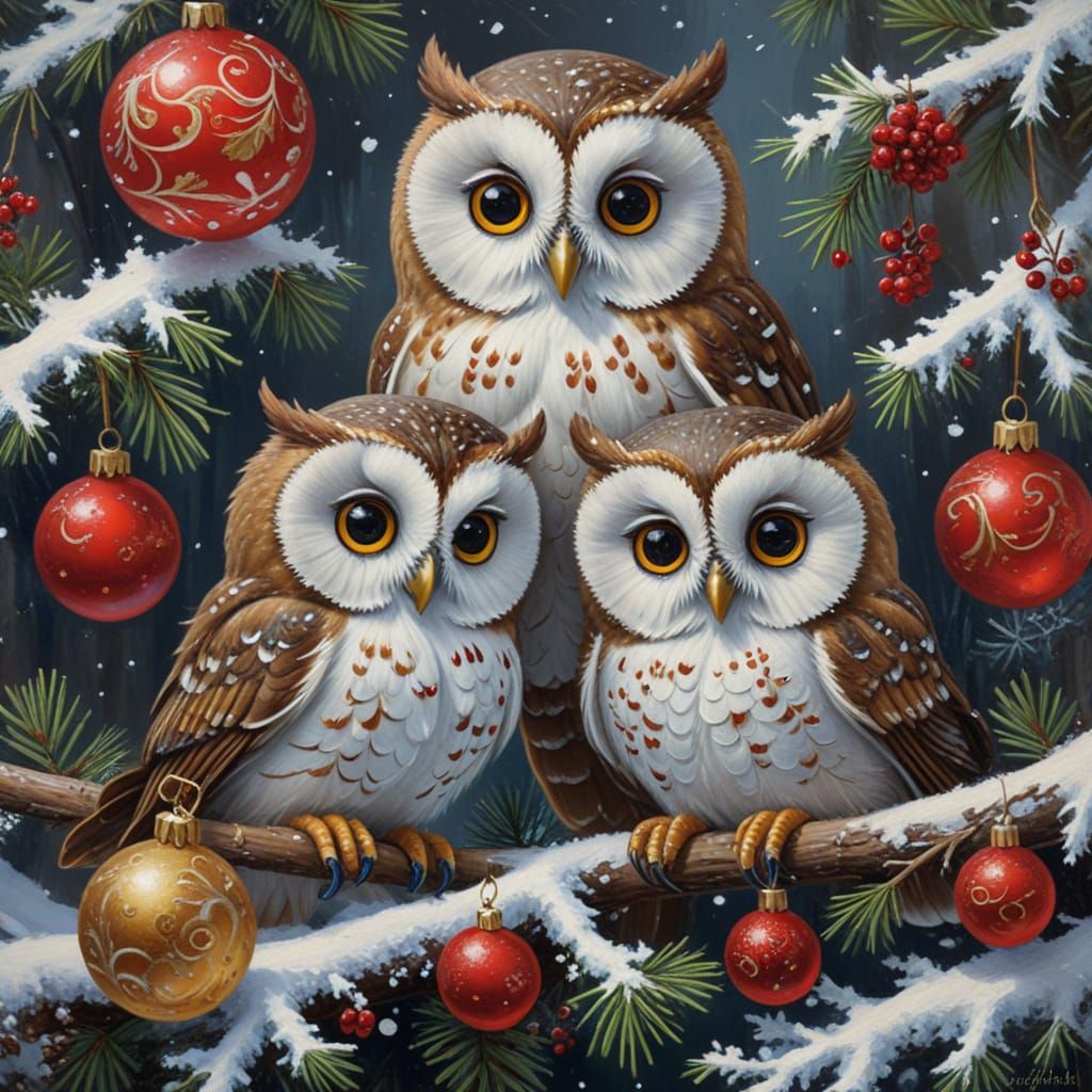 Cozy Owl Family Celebrates New Year's Eve in Oil Painting St...
