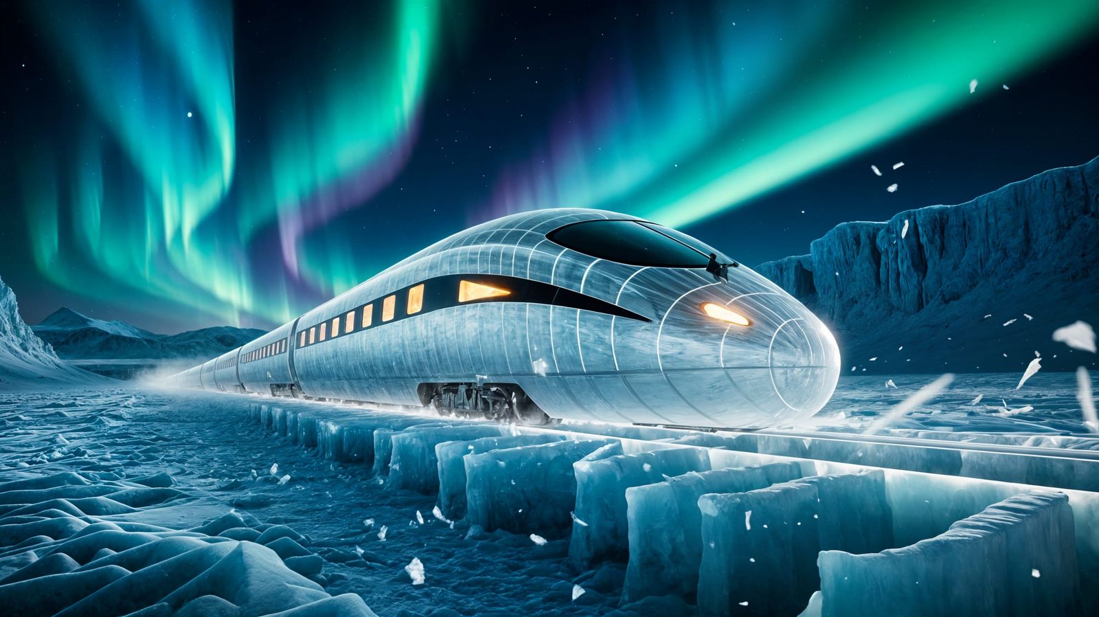 Ice Train Speeds Through Glacial Nightscape