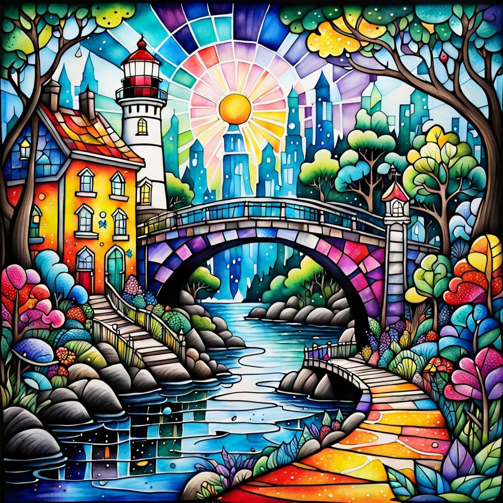 Whimsical Lighthouse Scene in Romero Britto Style