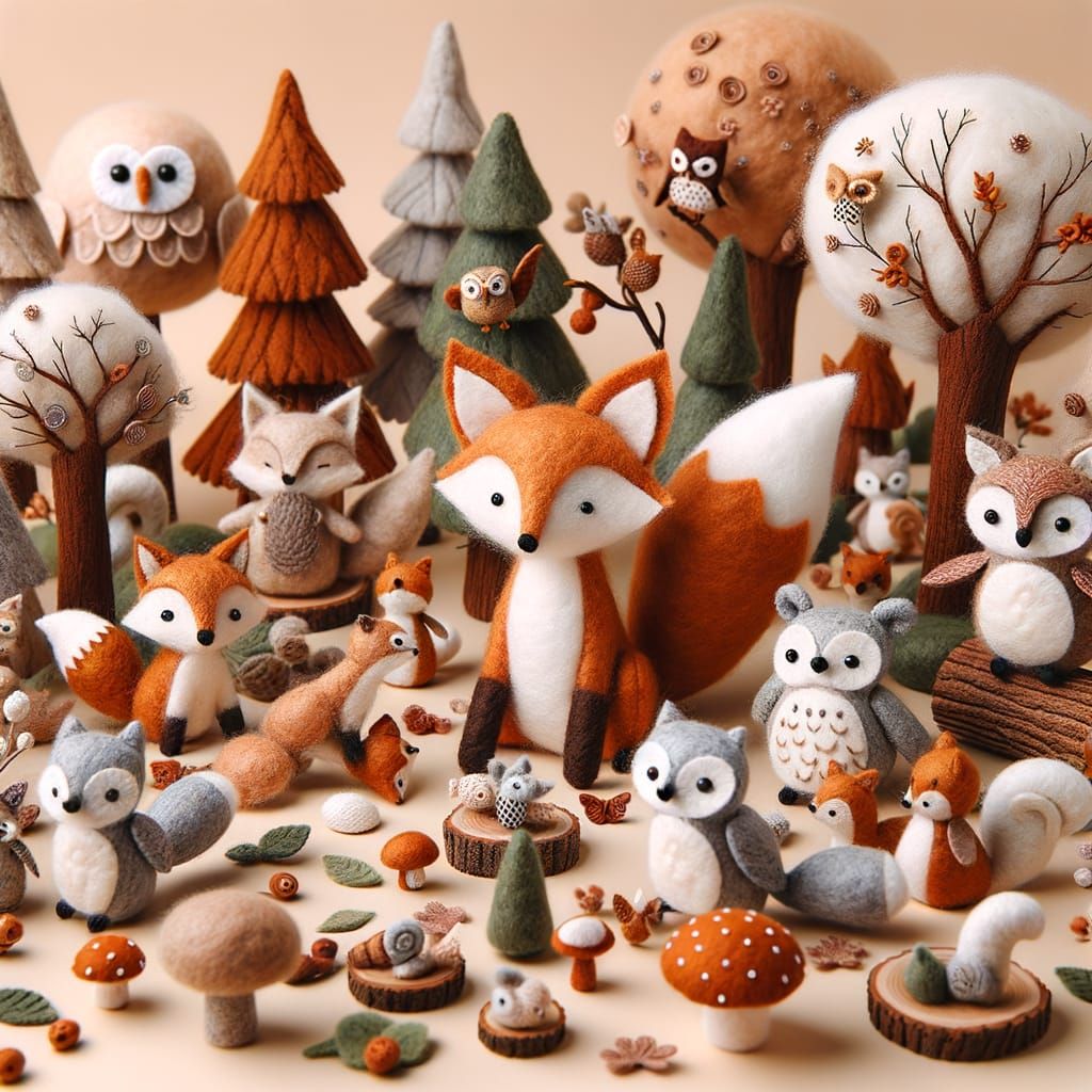 Felt Forest: Adorable Animals in Cozy Woodland Scene