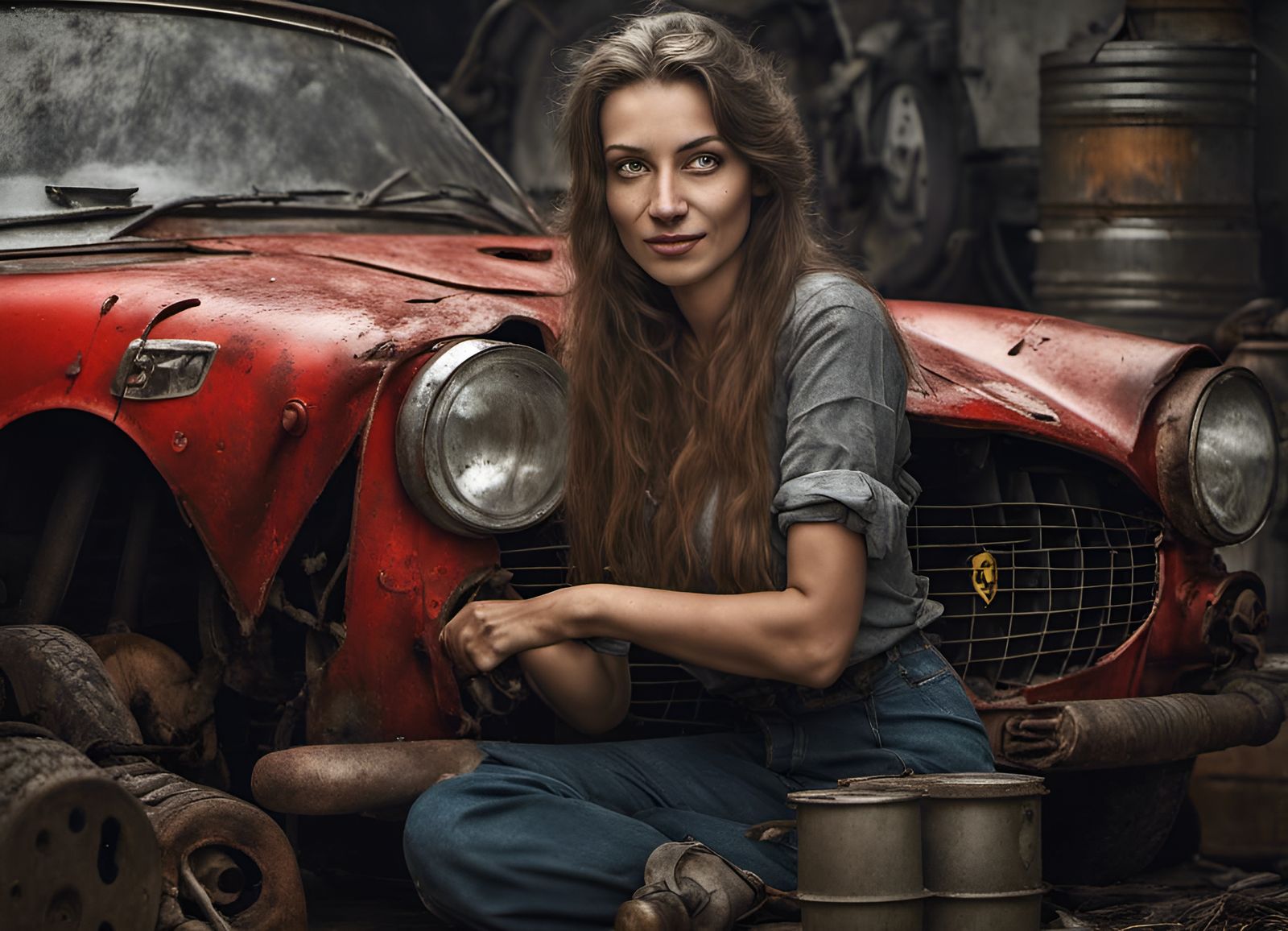 Woman Restoring Ferrari 250 Engine: Realistic Photography
