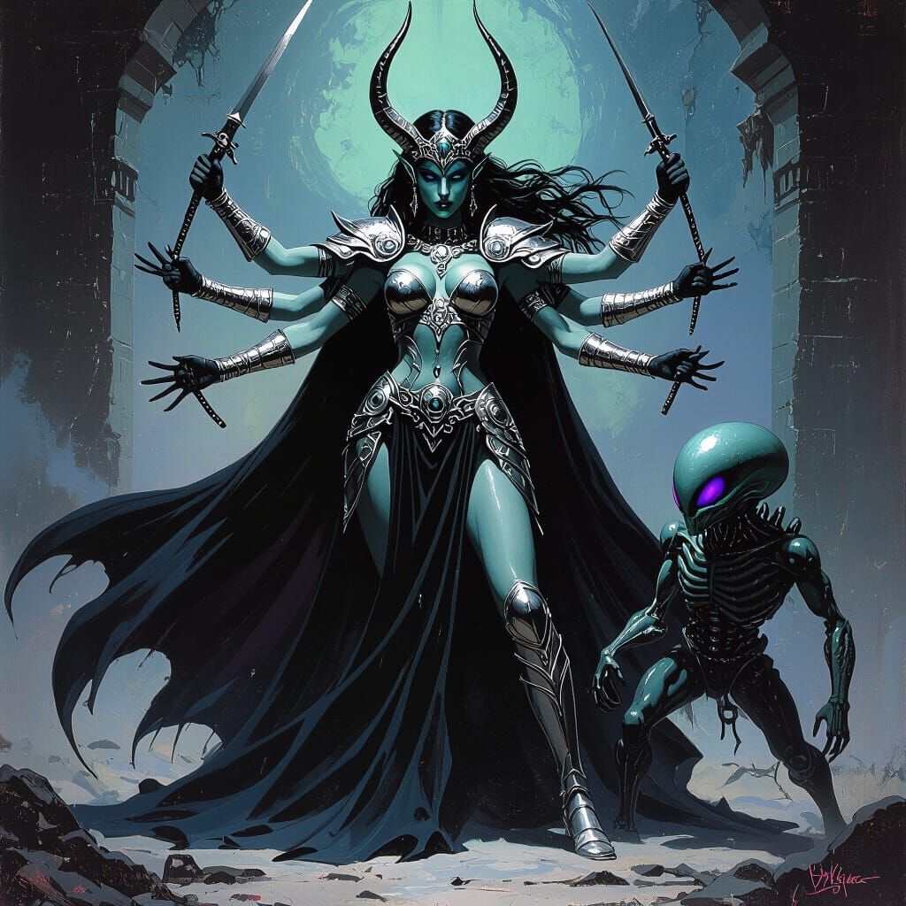 Hekate Slaying an Alien: A Fantasy Art Scene