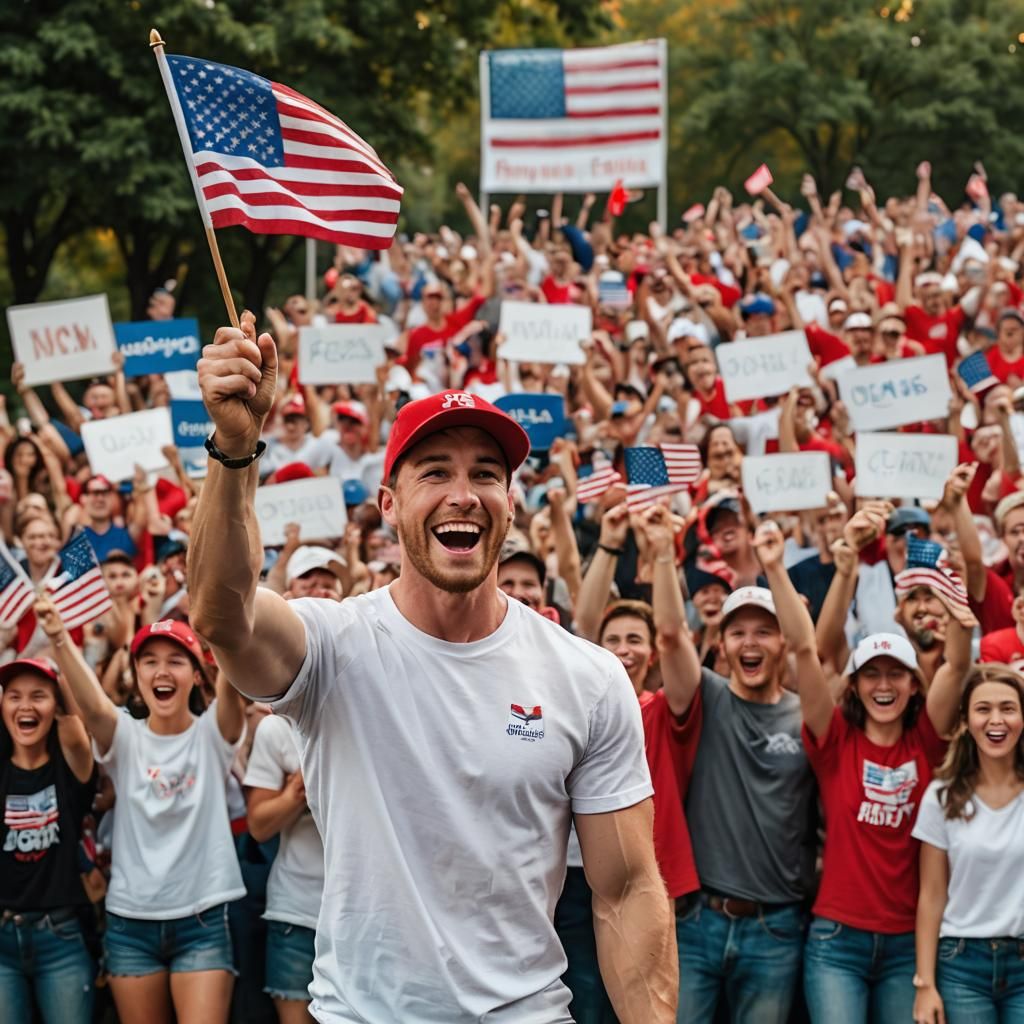 Man Cheers at Rally Holding American Flag