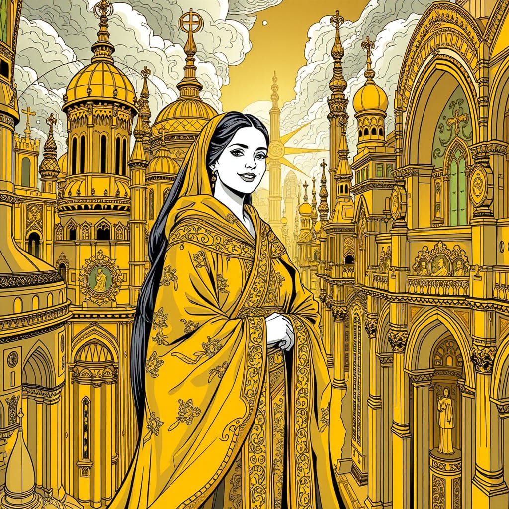 Golden Priestess in Resplendent City of Ancient Mysticism an...