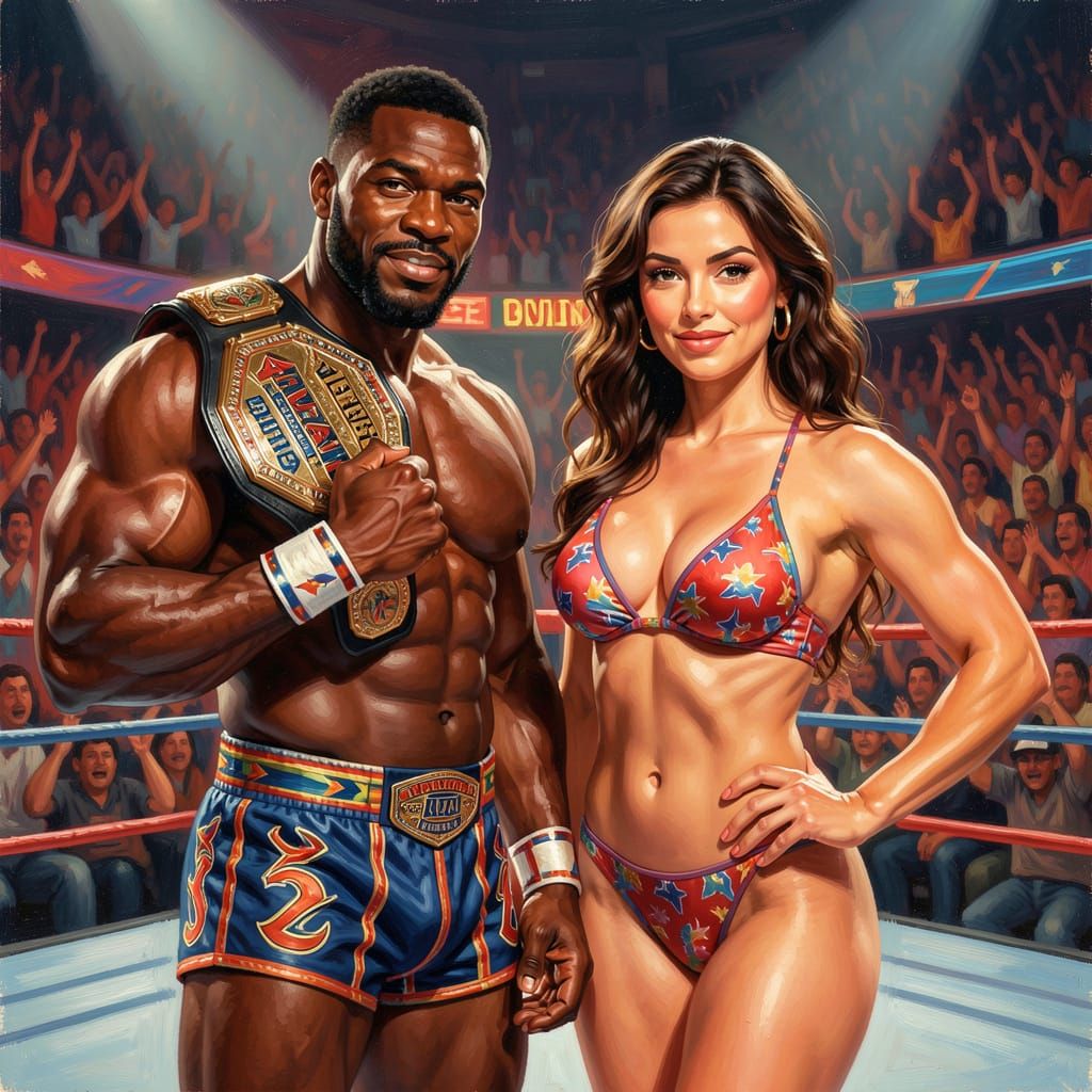 90s Wrestler with Championship Belt in Oil Painting Style