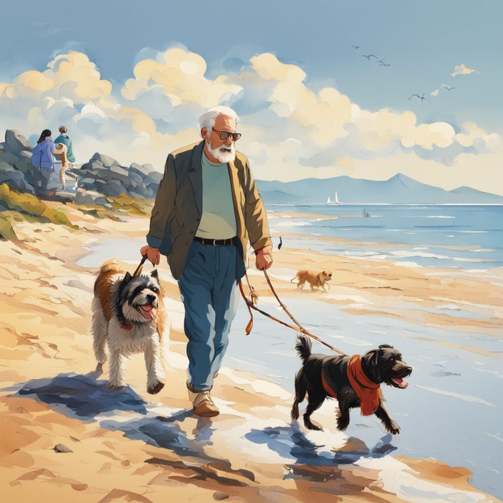 Warm Beach Scene with an Older Couple and Loyal Dog
