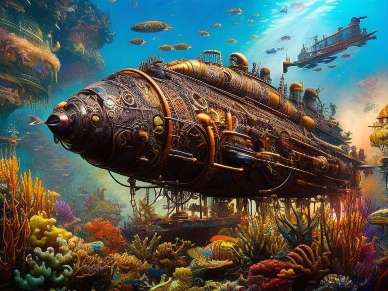 Steampunk Submarine Among Tropical Reef
