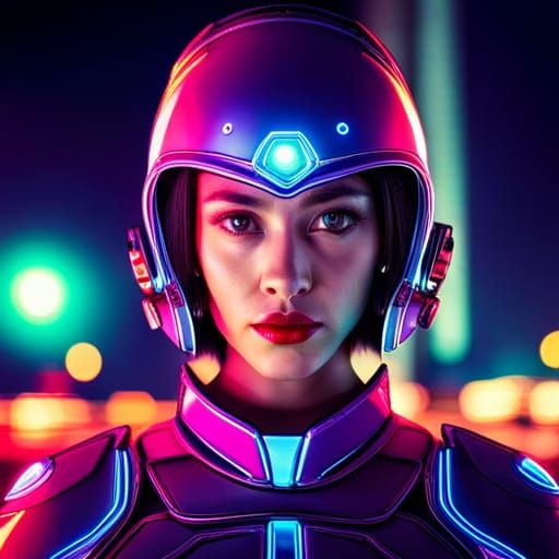 Cyborg Girl Portrait in Neon City, Hyperrealistic Style