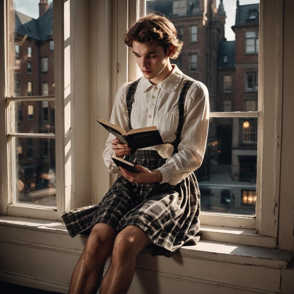 Dramatic Film Still of Young Man in Dress Reading