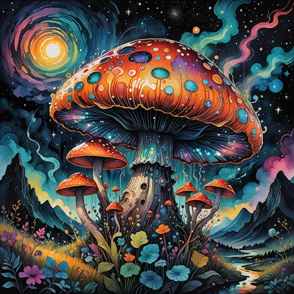 Vibrant Cosmic Demon Mushroom in Kaleidoscope Colors