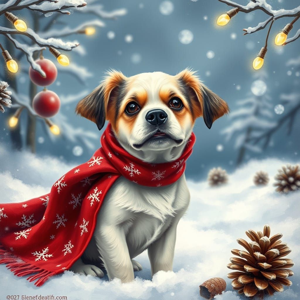Warm Whimsical Christmas Scene with Curious Dog